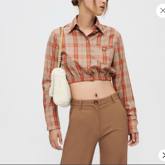 Maje Tops - MAJE Cavellino Plaid Button-Up Crop Top - Orange and Brown Size 1